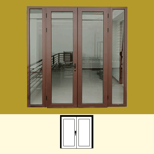 Pintu swing dengan panel samping — ilustrasi bukaan.