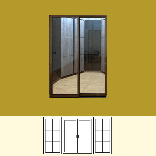 Pintu sliding dua panel — ilustrasi gerakan geser.